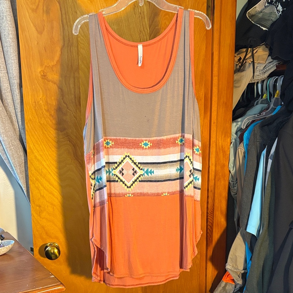 Women's Sleeveless Aztec Print Top - Orange and Gray